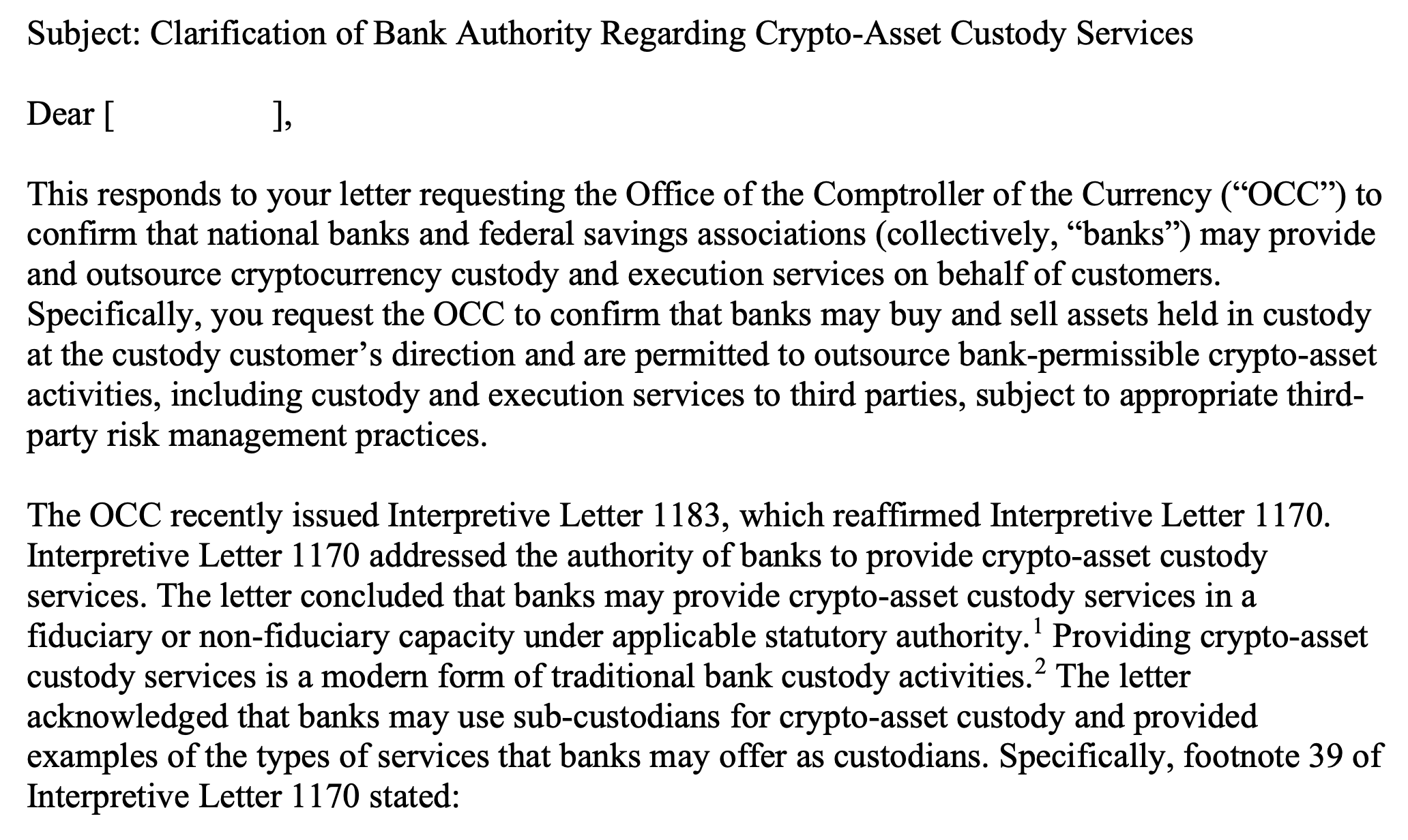 重磅》美国货币监理署：银行可自由交易加密资产与托管，无需事先批准