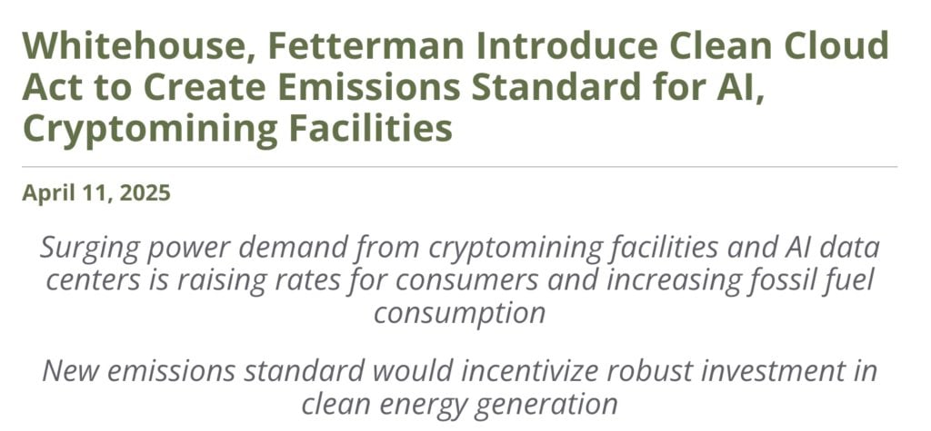 डेमोक्रेटिक पार्टी ने "क्लीन क्लाउड एक्ट" का प्रस्ताव रखा हरित ऊर्जा को अपनाने के लिए अमेरिकी बिटकॉइन खनन कंपनियों और एआई कंप्यूटिंग केंद्रों की आवश्यकता है: 2035 तक शून्य कार्बन उत्सर्जन प्राप्त करें"><figcaption id="caption-attachment-412772" class="nhlibq">स्रोत: www.epw.senate.gov</figcaption></figure><h3>बिल का मुख्य तंत्र: क्षेत्रीय उत्सर्जन सीमा और वार्षिक कटौती</h3><p>के अनुसार मसौदे की सामग्री, बिल वर्तमान "स्वच्छ वायु अधिनियम" (स्वच्छ वायु अधिनियम) में संशोधन करेगा। आगे बढ़ते हुए, क्रिप्टोक्यूरेंसी खनन फार्म और एआई कंप्यूटिंग केंद्रों सहित 100 किलोवाट (किलोवाट) से अधिक ऊर्जा क्षमता वाले सभी डेटा केंद्रों को क्षेत्र-विशिष्ट उत्सर्जन सीमाओं का पालन करना होगा। </p><p>इन सीमाओं के मानक अमेरिकी ऊर्जा विभाग द्वारा प्रकाशित नेशनल ट्रांसमिशन रिक्वायरमेंट्स स्टडी में परिभाषित विभिन्न बिजली क्षेत्रों की विशेषताओं पर आधारित होंगे। इसका मतलब यह है कि प्रत्येक क्षेत्र में ऊर्जा संरचनाओं और पावर ग्रिड में अंतर को ध्यान में रखते हुए, विभिन्न क्षेत्रों में सुविधाओं को अलग-अलग उत्सर्जन कटौती दबाव का सामना करना पड़ेगा। </p><p>बिल में कहा गया है कि <strong>प्रत्येक क्षेत्र के लिए विशिष्ट उत्सर्जन सीमा 2025 के अंत से पहले निर्धारित की जाएगी। इसके बाद, 2035 में शून्य उत्सर्जन तक पहुंचने तक सीमा को हर साल 11% कम किया जाएगा। </strong>उत्सर्जन सीमा को पूरा करने में विफल रहने वाली कंपनियों के लिए, उनके अतिरिक्त उत्सर्जन के आधार पर मुद्रास्फीति-समायोजित जुर्माना लगाया जाएगा। </p><p>यह ध्यान देने योग्य है कि मसौदा स्पष्ट रूप से संबंधित कंपनियों को अपने ग्राहकों पर इन जुर्माना लागतों को डालने से रोकता है, यह सुनिश्चित करते हुए कि कंपनियां स्वयं पर्यावरणीय जिम्मेदारियां लेती हैं। </p><h3>सख्त रिपोर्टिंग दायित्व और जिम्मेदारियां</h3><p>विस्तृत वार्षिक रिपोर्ट प्रस्तुत करने के लिए प्रासंगिक सुविधाओं की आवश्यकता के अलावा, रिपोर्ट में उनकी कुल बिजली खपत और बिजली स्रोतों (नवीकरणीय ऊर्जा और जीवाश्म ईंधन का अनुपात) जैसे प्रमुख डेटा शामिल होना चाहिए। </p><p>एक उल्लेखनीय विवरण यह है कि बिल जुर्माना भरने की जिम्मेदारी सुविधा मालिक के बजाय "पट्टे पर दी गई सुविधा के पट्टेदार" पर डालता है। इसका मतलब यह है कि खनन या एआई कंप्यूटिंग के लिए सर्वर स्थान किराए पर लेने वाले व्यक्तियों या कंपनियों को भी बिल के दायरे का विस्तार करते हुए रिपोर्टिंग आवश्यकताओं और संभावित जुर्माने में शामिल किया जा सकता है। </p><p>अच्छे पक्ष को देखते हुए, यदि बिल पारित हो जाता है, तो यह क्लाउड सेवा प्रदाताओं और डेटा सेंटर ऑपरेटरों को पर्यावरण नियमों के प्रति संवेदनशील ग्राहकों को आकर्षित करने के लिए अधिक सक्रिय रूप से हरित ऊर्जा समाधान खोजने के लिए प्रेरित करेगा। लेकिन यह छोटे खिलाड़ियों के लिए एक बड़ी चुनौती पैदा कर सकता है, जिनके पास ऊर्जा परिवर्तन करने या जटिल नियामक अनुपालन आवश्यकताओं से निपटने के लिए बड़ी कंपनियों के संसाधनों की कमी हो सकती है। </p><h3>एन्क्रिप्शन खनन उद्योग ने बड़ी मात्रा में नवीकरणीय ऊर्जा को अपनाया है</h3><p>पिछले साल के अंत के आंकड़ों के अनुसार, वैश्विक बिटकॉइन खनन नेटवर्क द्वारा उपयोग की जाने वाली 50% से अधिक ऊर्जा वास्तव में पानी, हवा और सौर ऊर्जा जैसे नवीकरणीय ऊर्जा स्रोतों से आती है। आइसलैंड और क्यूबेक, कनाडा जैसे प्रचुर और सस्ती हरित ऊर्जा वाले क्षेत्र खनिकों के लिए लोकप्रिय विकल्प बन गए हैं। </p><p>यदि भविष्य में "क्लीन क्लाउड एक्ट" वास्तव में पारित हो जाता है, तो खनन कंपनियां और एआई कंप्यूटिंग केंद्र निस्संदेह नवीकरणीय ऊर्जा को अपनाने की गति में तेजी लाएंगे, और उन कंपनियों को खत्म कर सकते हैं जो अनुकूलन करने में असमर्थ या अनिच्छुक हैं। </p><p>कुल मिलाकर, मसौदा काफी आक्रामक उत्सर्जन कटौती कार्यक्रम है, जो संबंधित कंपनियों को जल्द से जल्द ऊर्जा परिवर्तन रणनीतियों की योजना बनाने के लिए मजबूर करता है। हालाँकि, ट्रम्प प्रशासन के संदर्भ में, उन्होंने बार-बार कहा है कि ग्लोबल वार्मिंग का कार्बन उत्सर्जन से कोई लेना-देना नहीं है। इस बिल को कांग्रेस में रिपब्लिकन के विरोध का सामना करना पड़ेगा (रिपब्लिकन तर्क दे सकते हैं कि अत्यधिक कड़े पर्यावरण नियम नवाचार को रोक देंगे और क्रिप्टोकरेंसी और एआई के दो अग्रणी क्षेत्रों में संयुक्त राज्य अमेरिका की प्रतिस्पर्धात्मकता को कमजोर कर देंगे)। यह भविष्य में पारित होगा या नहीं यह अभी भी अनिश्चित है। </p>